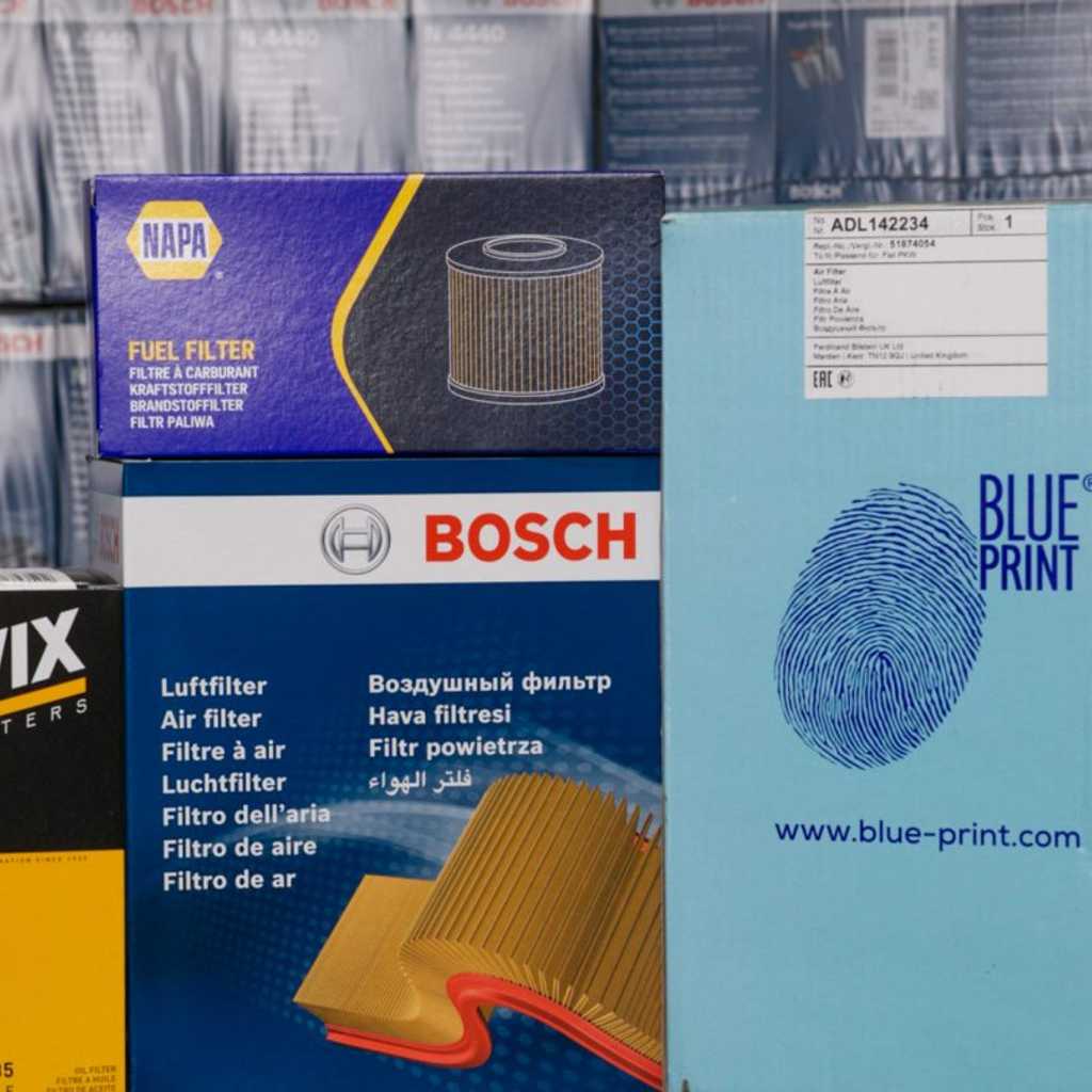 A number of part boxes with the brands, Wix, NAPA, Bosch &amp; Blueprint on it.